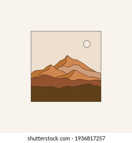 Vector illustration in simple line style - boho abstract print - simple natural landscape with mountains and hills