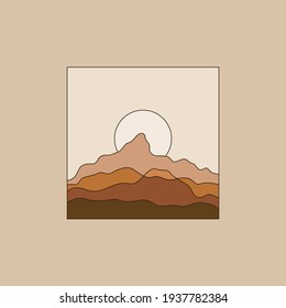 Vector illustration in simple line style - boho abstract print - simple natural landscape with mountains and hills