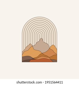 Vector Illustration In Simple Line Style - Boho Abstract Print - Simple Natural Landscape With Mountains And Hills