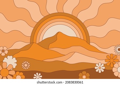 Vector illustration in simple line style - boho hippie abstract print - simple natural landscape with mountains and hills