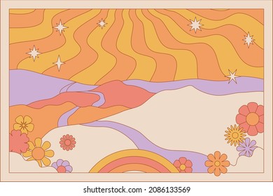 Vector illustration in simple line style - boho hippie abstract print - simple natural landscape with mountains and hills