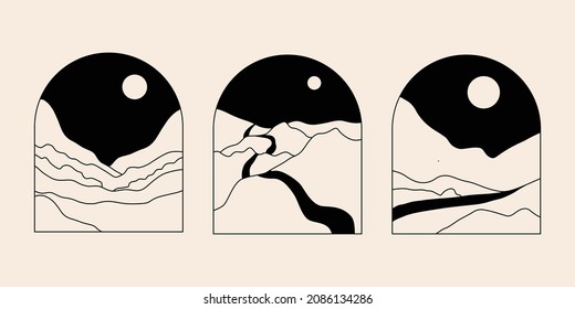 Vector illustration in simple line style - boho abstract print - simple natural landscape with mountains and hills