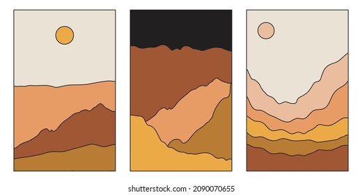 Vector illustration in simple line style - boho abstract print - simple natural landscape with mountains and hills