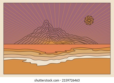 Vector illustration in simple line style - boho abstract print - simple natural landscape with mountains and hills