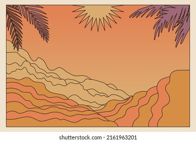 Vector illustration in simple line style - boho abstract print - simple natural landscape with mountains and hills