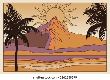 Vector illustration in simple line style - boho abstract print - simple natural landscape with mountains and hills