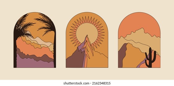 Vector illustration in simple line style - boho abstract print - simple natural landscape with mountains and hills