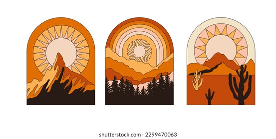 Vector illustration in simple line style - boho abstract print - simple natural landscape with mountains and hills