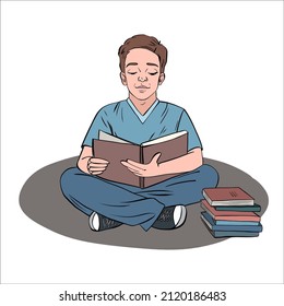 Vector illustration of a simple linear drawing of a boy sitting and reading a book. love of knowledge, education. 