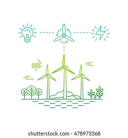 Vector illustration in simple linear flat style - alternative and renewable energy - wind-powered electrical generators with landscape - infographics design elements