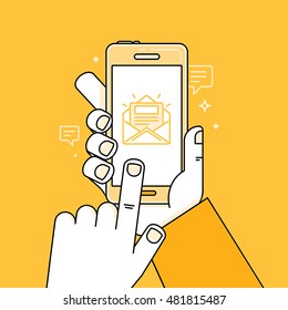 Vector Illustration In Simple Linear Flat Style And Bright Yellow Color - Hand With Mobile Phone And Finger Touching Screen - App With Message - Notification About New Letter Or Task