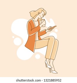Vector illustration in simple linear style - young girl drinking coffee  
