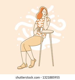 Vector illustration in simple linear style - young girl drinking coffee  
