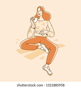 Vector illustration in simple linear style - young girl drinking coffee  