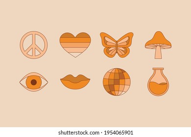 Vector illustration in simple linear style - design templates - hippie style and flower power - flowers, plants and objects