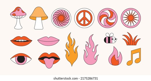 Vector Illustration In Simple Linear Style - Groovy Sticker Pack - Design Templates And Stickers 