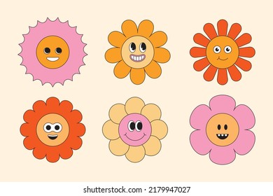 Vector illustration in simple linear style - design templates and stickers - hippie, happy and groovy smiley characters