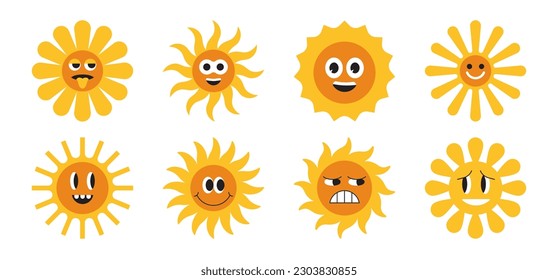 Vector illustration in simple linear style and icons - design templates, hot sun and summer logos, smiling characters and mascots