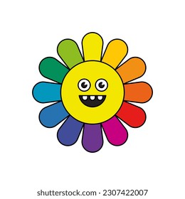 Ilustración vectorial en estilo lineal simple - plantillas de diseño y pegatinas - flor arcoiris con cara sonriente, hippie, caracteres sonrientes alegres y groovescas, sentirse bien