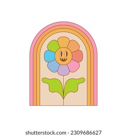 Vector illustration in simple linear style - design templates and stickers - rainbow flower with smiling face, hippie, happy and groovy smiley characters, feel good