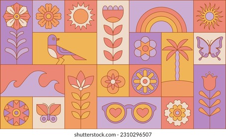 Vector illustration in simple linear style - summer geometrical banner, design template and stickers - rainbow flowers, butterflies and palm