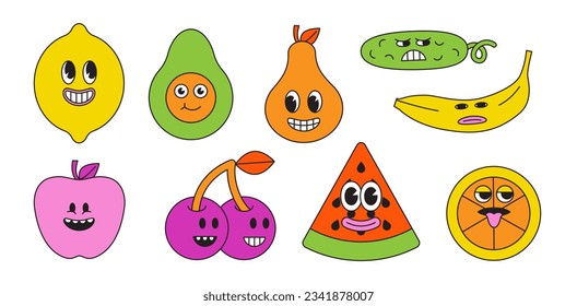 Vector illustration in simple linear style - design templates and stickers - hippie, happy and groovy smiley characters