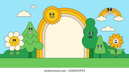 Vector illustration in simple linear style, landscape with cartoon characters and mascots with rainbow arch and copy space for text 