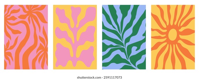 Vector illustration in simple linocut or cut our hand draw naive wavy groovy style, flowers and plants, floral botanic design templates, modern art prints, posters and placards
