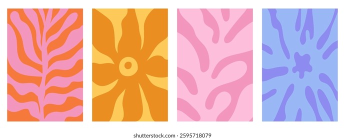 Vector illustration in simple linocut or cut our hand draw naive wavy groovy style, flowers and plants, floral botanic design templates, modern art prints, posters and placards