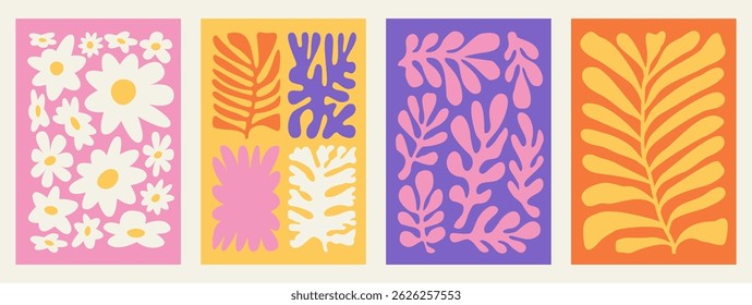 Ilustración vectorial en linocut simple o cortar nuestra mano dibujar estilo groovy ondulado ingenuo, flores y plantas, Plantillas de diseño botánico floral, impresiones de arte moderno, carteles y carteles