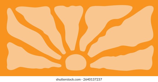 Vector illustration in simple linocut or cut our hand draw naive wavy groovy style, sun and flower,  horizontal summer background for banner, floral botanic design templates, modern art prints
