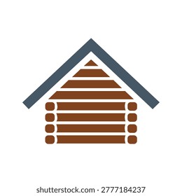 Vector illustration of a simple log cabin icon with a gable roof, symbolizing rustic architecture and countryside living, ideal for design and real estate concepts.