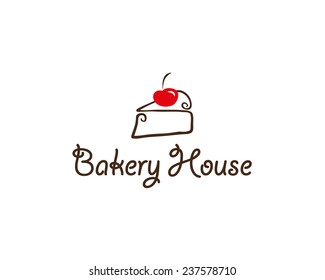 Ilustración vectorial, logo simple con pastel y cereza para panadería.