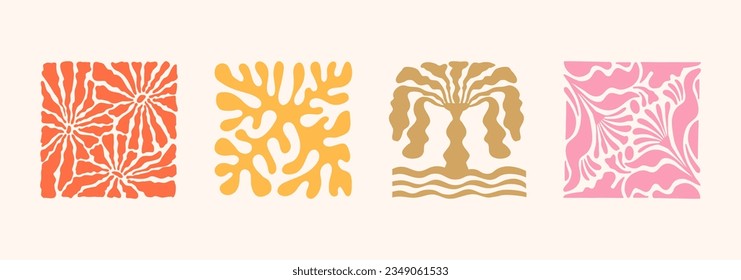 Vector illustration in simple Matisse naive and hippie groovy style, flowers and plants, floral botanic hand drawn design templates, frames and modern art prints, posters and placards