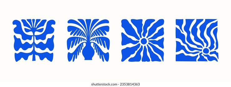 Vector illustration in simple Matisse naive and hippie groovy style, flowers and plants, floral botanic hand drawn design templates, frames and modern art prints, posters and placards