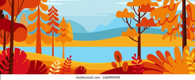 Ilustración vectorial en un estilo plano mínimo simple - paisaje otoñal con colinas y árboles - banner horizontal abstracto y fondo con espacio de copia para texto - imágenes de encabezado para sitios web, portadas