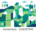 Vector illustration in simple minimal geometric flat style - city landscape with buildings, hills and trees - abstract background for header images for websites, banners, covers