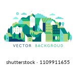 Vector illustration in simple minimal geometric flat style - city landscape with buildings, hills and trees - abstract background for header images for websites, banners, covers