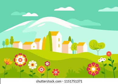 Vector illustration in simple minimal geometric flat style - village landscape with buildings, hills, flowers and trees - abstract background for header images for websites, banners, covers