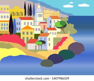 Vector illustration in simple minimal geometric flat style - city landscape with buildings, hills and trees - abstract background for header images for websites, banners, covers