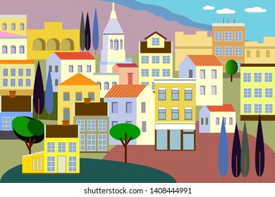 Vector illustration in simple minimal geometric flat style - city landscape with buildings, hills and trees - abstract background for header images for websites, banners, covers