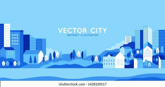 Векторная иллюстрация в простом минималистичном геометрическом плоском стиле - городской пейзаж со зданиями, холмами и деревьями - абстрактный горизонтальный баннер и фон с пространством для копирования текста - изображения шапки для Интернета