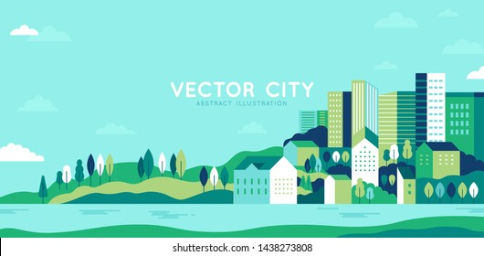 Vector illustration in simple minimal geometric flat style - city landscape with buildings, hills and trees - abstract horizontal banner and background with copy space for text - header images for web - Shutterstock ID 1438273808