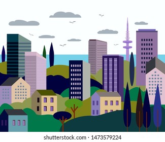 Vector illustration in simple minimal geometric flat style - cityscape with buildings, hills, sea and trees - abstract background for header images for websites, banners, covers.