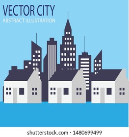 Vector illustration in simple minimal geometric flat style - city landscape with buildings, hills and trees - abstract horizontal banner and background with copy space for text - header images for web