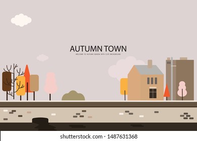 Vector illustration in simple minimal geometric flat style autumn city landscape with buildings, hills and trees  abstract horizontal banner and background.