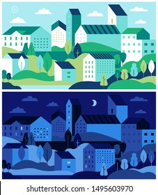 Vector illustration in simple minimal geometric flat style - city landscape with buildings, hills and trees at day and night - abstract background for header images for websites, banners, covers