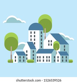 Vector illustration in simple minimal geometric flat style - city landscape with buildings and trees 