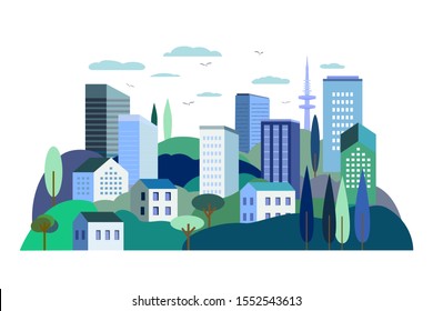 Vector illustration in simple minimal geometric flat style - cityscape with buildings, hills, sea and trees - abstract background for header images for websites, banners, covers.