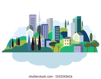 Vector illustration in simple minimal geometric flat style - cityscape with buildings, hills, sea and trees - abstract background for header images for websites, banners, covers.